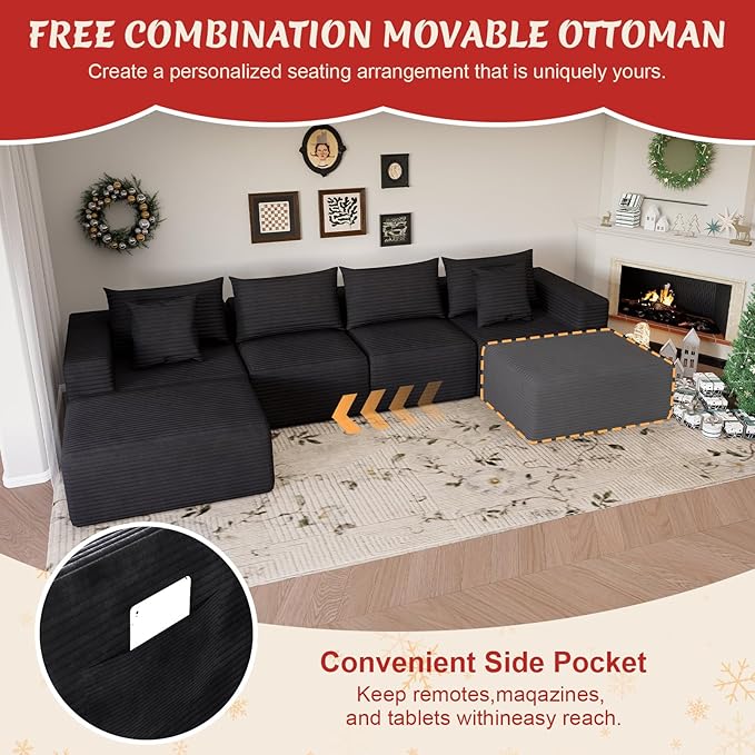 Modular Cloud Couch Sectional Deep Seat No-Bone Corduroy Sofa with Ottoman Oversized Comfy Modular Sofa for Living Room Bedroom Apartment No Assembly Flexible Layout (Black Loveseat+Ottoman)