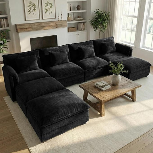 ELUCHANG Oversized 150 Modular Sectional Sofa Comfy Cloud Couch U Shaped Deep Seat Sofa Couches for Living Room 7-Seater Modern Sofa with Movable Ottoman DIY Combination - Chenille Black | Easy t