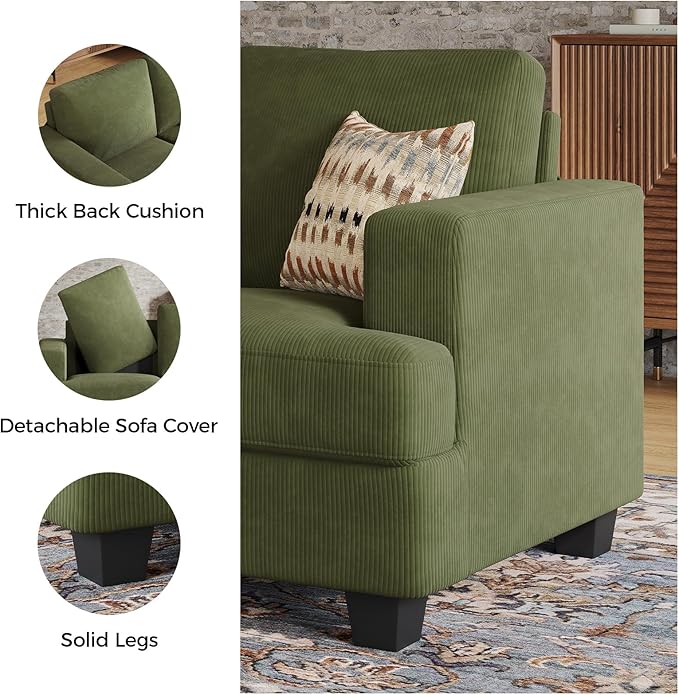 63 Inch Sofa with Extra Deep Seats Oversize Corduroy Fabric 2 Seater Sofa for Living RoomModern Couch and Loveseat Comfy Armrests and Seats and Backrests Easy Installation Green