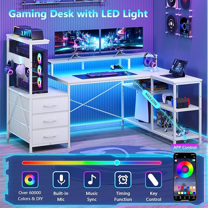 L Shaped Gaming Desk with Drawers &amp Storage Shelves Corner Gaming Desk with Power Outlets &amp LED Light Reversible Computer Desk with Monitor Stand &amp Hooks White