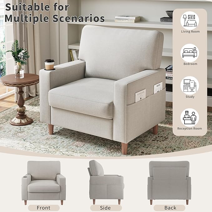 Actinidia Oversized Accent Chair with Cup HoldersMid Century Modern Upholstered Living Room ChairHigh Back Single Sofa ChairReading Armchair for Bedroom Apartment Waiting Room OfficeBeige