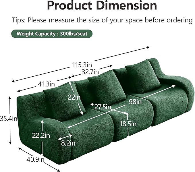 Boneless Cloud Couch Modular Sectional Sofa 115.3 Comfy Teddy Fabric 3 Seater Sofa Deep Seat Sectional Couches for Living Room Modern Small Couches for Small Space No Assembly Couch Green