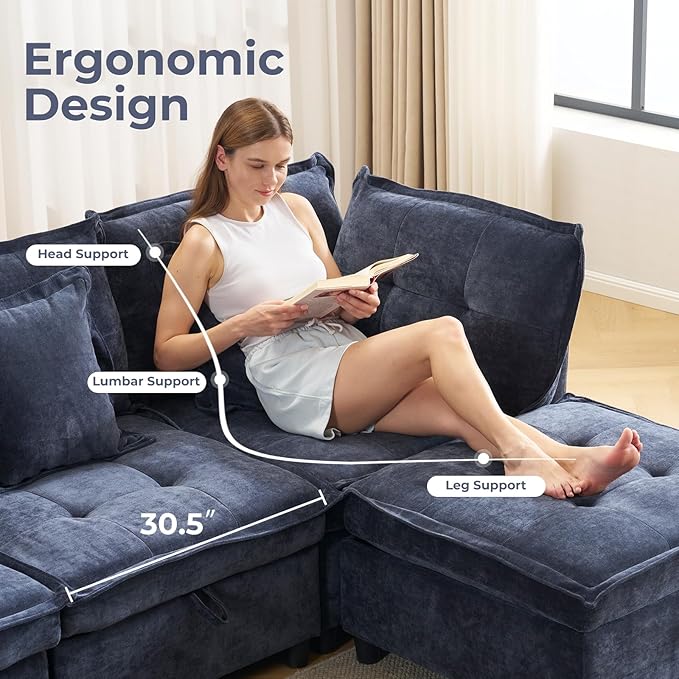 103 Modular Sectional Sofa L-Shaped Corduroy Comfy Sectional Couches for Living Room 3-Seater Cloud Couches with 1 Ottoman Modern Deep Seat Sofa with Large Storage Blue