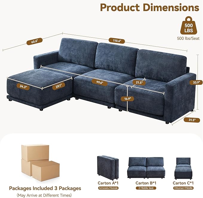 110.6 L Shaped Modular Sectional Sofa Modern Chenille Comfy Couch with Thickened Seat Cushions Easy Assembly Upholstered 4 Seater Couch with Movable Ottoman for Living Room Blue