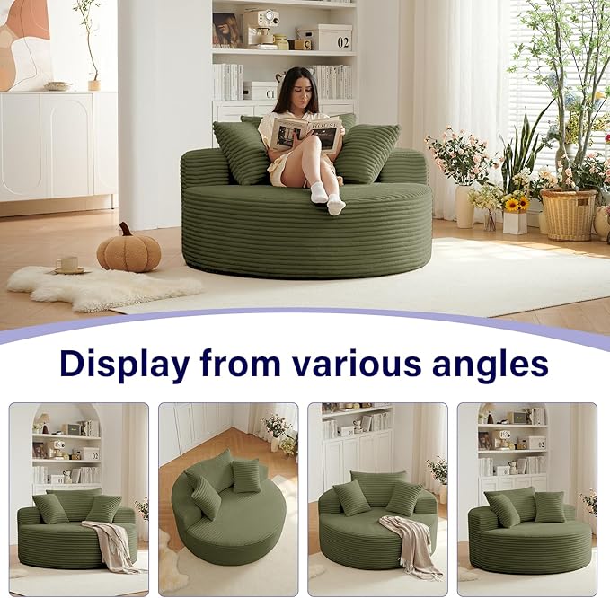 55''L Oversized Round Chaise Longue Chair Indoor Corduroy Sponge Single Sofa Oversized Round Chairs Modern Sleeper Chair for Living RoomProjection Room Wide Armrest Chairs Green