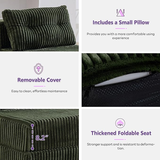 TYBOATLE Folding Sofa Bed Convertible Sleeper Chair with Back Support and Pillow Fold Out Floor Chair Bed Comfy Foldable Mattress Futon Couch for Living Room Bedroom (Forest Green Single Seat)