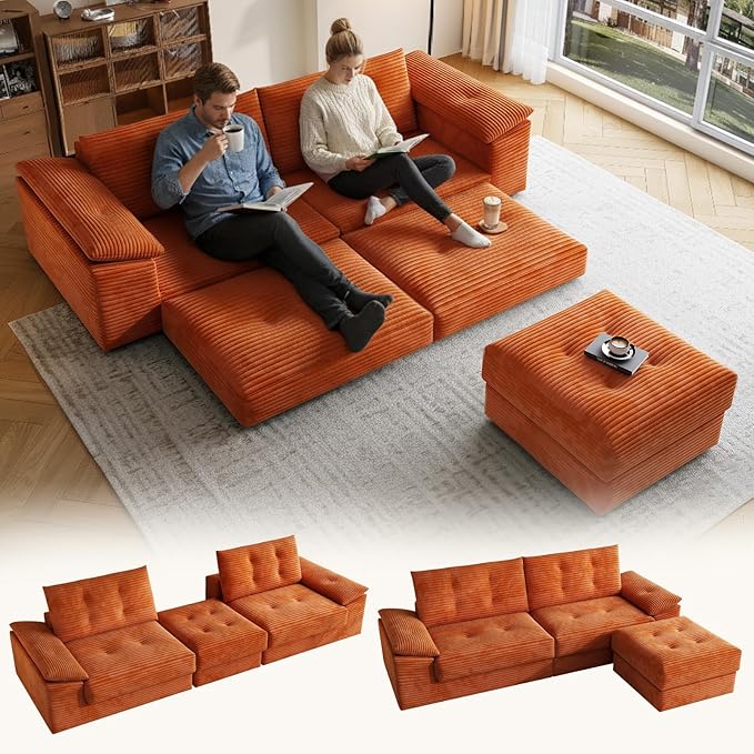 109.5 L-Shape Sectional Couches for Living Room Convertible Sleeper Sofa with Ottoman Compressed No-Frame 3 Seater Modular Sectional Sofa No Assembly Required(Corduroy Orange)