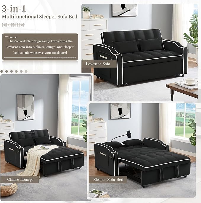 JEEOEHY 3 in 1 Convertible Sleeper Sofa BedVelvet Pull Out Couch Bed w USB&ampType C PortComfy Futon Loveseat w Adjustable Backrest&ampPhone Stand&ampCup Holder for Living Room Apartment Small Sp