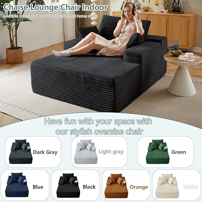 50 Oversized Chaise Lounge Chair IndoorCorduroy Boneless Reading Chair with 3 PillowsDeep Seat Cloud Sofa BedComfy Modern Sleeper Chairs in Box for Living Room BedroomNo Assembly(Black)
