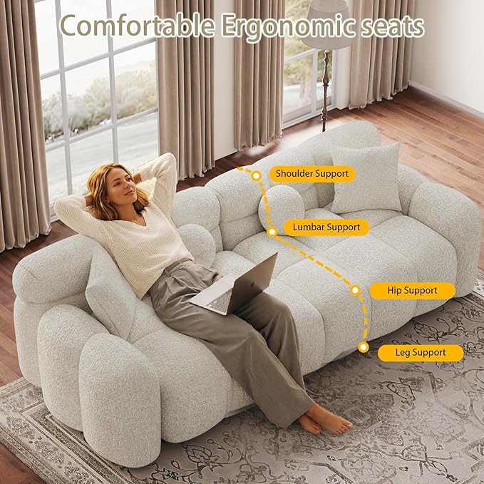 87.3 Modern Sofa Couch Comfy Deep Seat Chenille Cloud Sofa Upholstered 3-Seater Couch Oversized Loveseat for Living Room Bedroom Office Apartment Beige White
