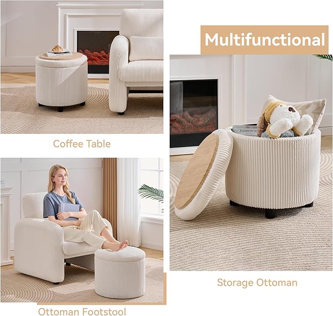 Corduroy Storage Ottoman with Flip-Top Tray Modern Upholstered Ottoman Coffee Table Dual Leg Options Ottoman Footrest for Living Room Bedroom Office White