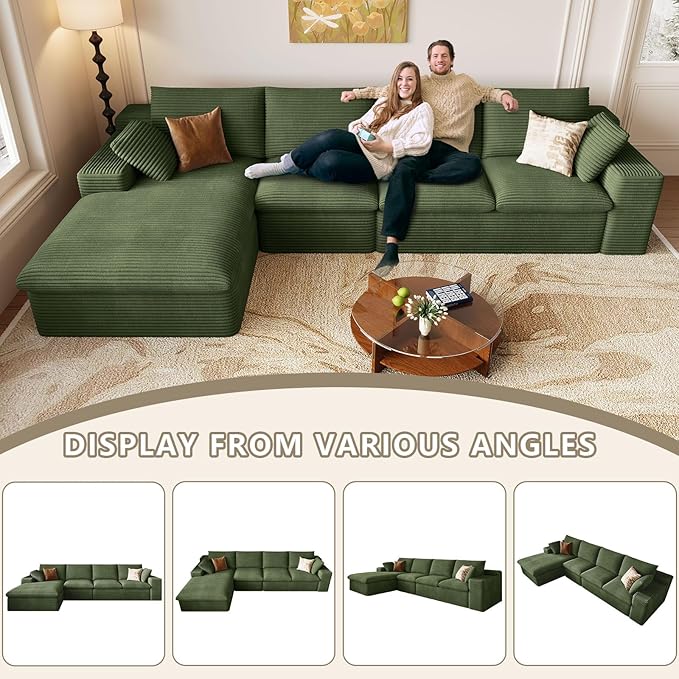 136 Cloud Couch Modular Sectional Couchs with Chaise Lounge L-Shape Boneless Couches for Living Room Corduroy Sofa with Deep Seat No Assembly Required (Green Left Facing Chaise)