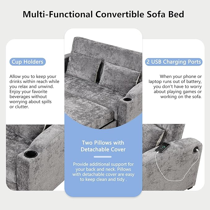 Convertible Loveseat Sofa with Adjsutable Backrest 61.6 Pull Out Sofa Bed with 2 Throws Pillows Cup Holders Chenille Loveseat Couch for Living Room Apartment (GrayCup Holders 4)