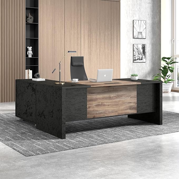 78.75 Inch L Shaped Executive Office Desk with 2 Drawers Large Office Desk with File Cabinet Modern Home Office Desk w/4 Wheels Moveable Stand Under Desk Storage Organizer Oak