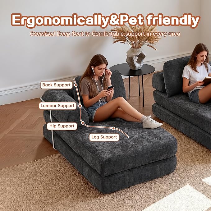 104 Oversized Convertible Sleeper Sofa Bed Chenille L Shape Sectional Couch Folding Sofa Bed with Fixed-Shape Frame Modern Cloud Floor Mattress Couch Modular Sofa for Living Room Dark Grey