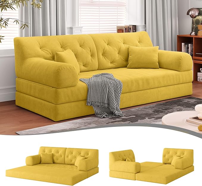 79 Convertible Sofa Bed with Pillows Corduroy Folding Sleeper Sofa with Fixed-Shape Frame Boneless Couch for Living Room Bedroom Floor Sofa Lounge No Assembly Required (C - Style - Yellow)