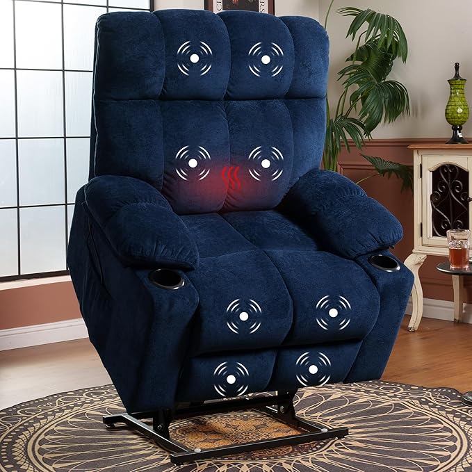 FLEXISPOT XL5 Dual OKIN Motor Power Lift Recliner Chair for Elderly Lay Flat Electric Recliner with Massage &amp Heat USB Ports Fabric Reclining Sofa for Living Room Bedroom Blue