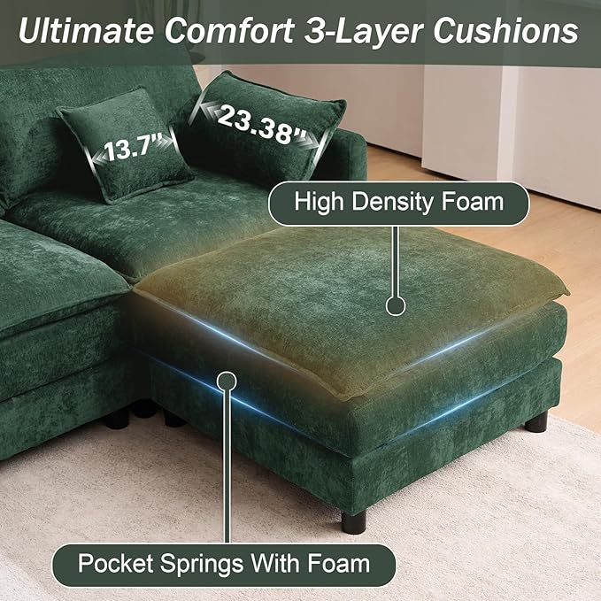 145 Oversized Modular Sectional Sofa U Shaped Cloud Couch 6 Seat Sofa Set for Living Room Comfy Fluffy Chenille Deep Seat with Storage Central Console Movable Ottomans Cup Holders USB Ports Green
