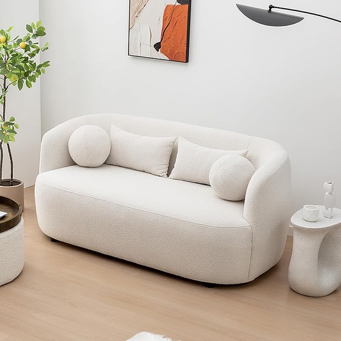KINWELL 68-Inches Boucle Upholstered Loveseat 2 Deeper Seat Sherpa Sofa Couch with 4 Toss Pillows for Small Spaces Apartment Living Room Beige