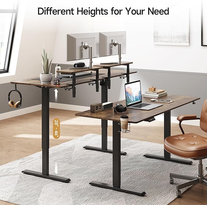 ONBRILL Standing Desk with 2 Adjustable Monitor Shelves 63 x 24 Inches Electric Stand Up Desk with Memory Controller and Adjustable Height from 28-46 inches for Computer Workstations Rustic Brown