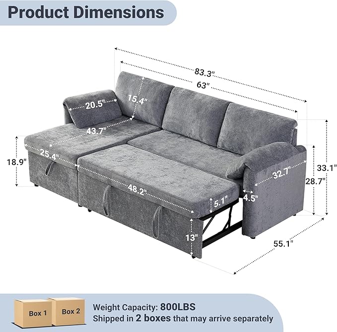Tbfit Sleeper Sofa Couch with Pullout Bed Sofa Bed Couch with USB &amp Storage Chaise Chenille Convertible Sleeper Sofa 83'' Pull Out Sofas Couches for Small Space Apartment Light Gray