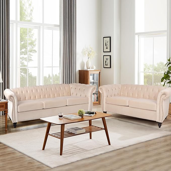 Chesterfield 3 Seater Sofa Sofa Couch with Rolled Arms Tufting Nailhead Trim Large Couch for Living RoomBedroom Office Apartment (Velvet Beige)