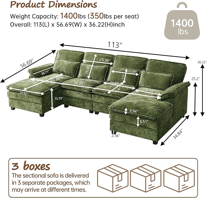 113 U Shaped Sectional Sofa Comfy Cloud Couch Chenille Sofa Sleeper Deep Seat Sofa with 4 Throw Pillows 4-Seater Double-Layer Modern Sofa for Living Room Green