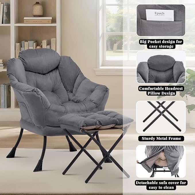 Lazy Chair with Ottoman Comfy Accent Lounge Chair with Side Pocket Modern Reading Armchair with Footrest Upholstered Sofa Chair for Small Spaces Bedroom Living Room Dorm Darkgrey
