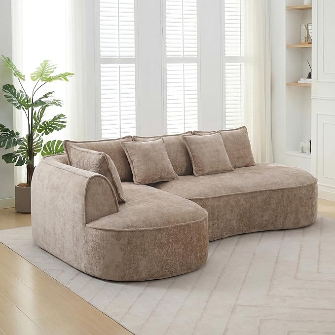 Modern Luxurious Oversized Boneless Couches Sectional Curved Sofa with 6 Pillows L-Shape Boneless Couch with Deep Seat High-Density Memory Foam No Assembly Required Chenille (Brown)