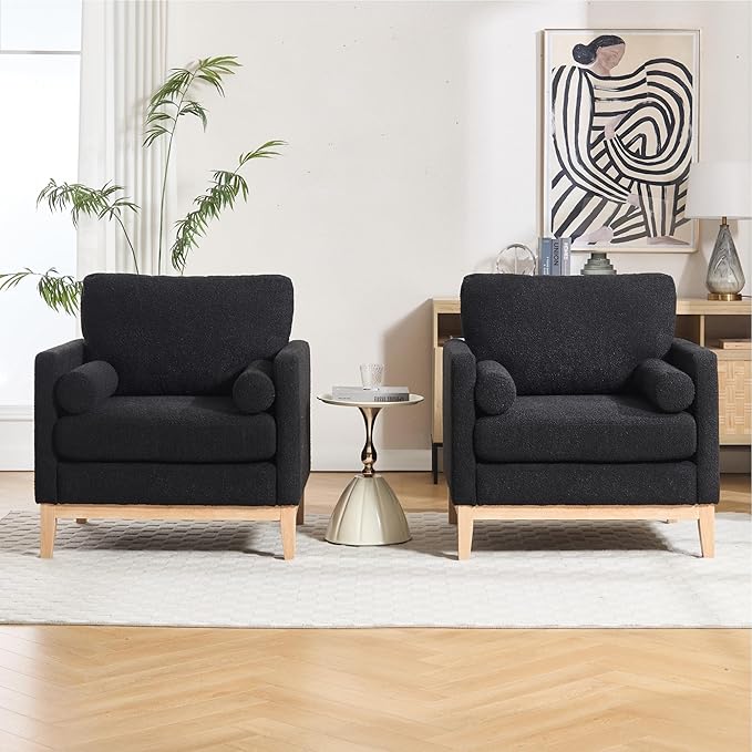 Mlmh &amp Kngwa 35.43 W Modern Accent Chair Set of 2 Upholstered Accent Chairs Single Sofa Chair with Natural Wood Legs Comfy Wingback Armchair for Living Room Bedroom Black