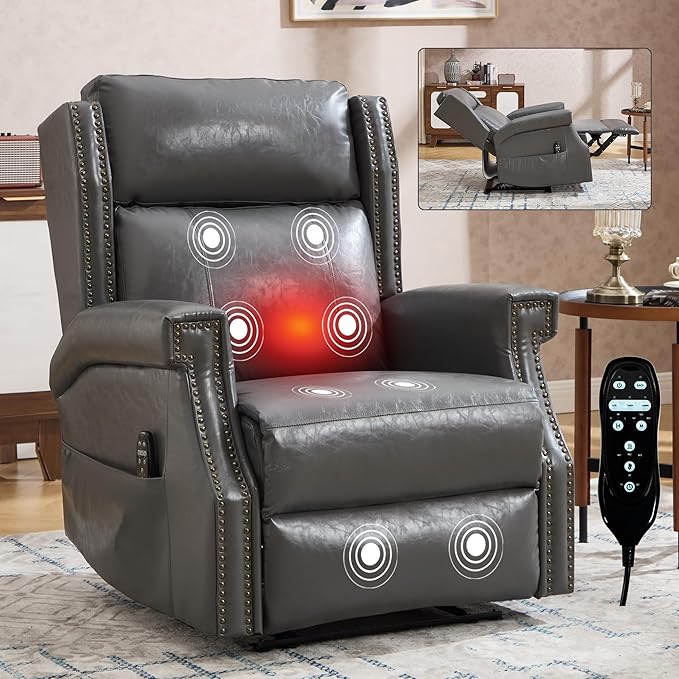 Manual Rocker Swivel Recliner Chair with Vibration Massage Lumbar Heat Rivet Design Faux Leather Brown Single Sofa for Living Room (34.8 Grey)