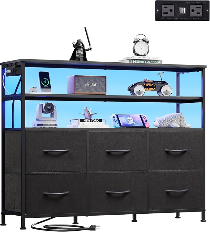 WLIVE Black TV Stand for 40 45 inch TV Entertainment Center with LED Lights &amp Charging Station TV Media Console Table with 6 Fabric Drawers and Open Shelves for Living Room Hallway Wood Top