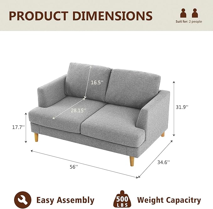 Loveseat Sofa 56 Small Couches for Small Spaces Mid Century Love Seat Couches for Living Room Upholstered 2-Seater Couch for Bedroom Apartment Grey