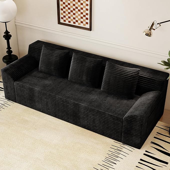 71Cloud Loveseat SofaModern 2-Seater Boneless Couch with 3 Pillows &amp Side PocketSoft Corduroy LoveseatCompressed FoamDeep SeatNo Assembly for Living RoomBedroomApartment(Tilted ArmrestBla