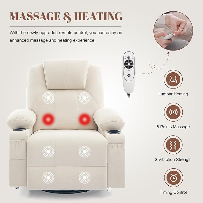 Oversized Swivel Rocker Recliner Chair with Heat and Massage 360 Degree Swivel Rocking Single Sofa with USB Port and Cup Holders Big Recliner Chair for Living Room (Fabric Light Beige)