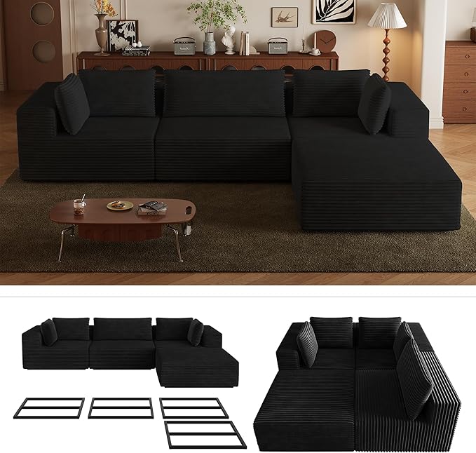 106 Sectional Sofa Couch 4-Piece L-Shaped Cloud Couch with Chaise Modular Sofa for Living Room with Sturdy Metal Frame &amp 5 Pillows Boneless Fluffy Corduroy Deep Seat Couch(Black)