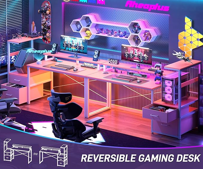Aheaplus Gaming Desk with LED Strip &amp Power Outlet 59Inch Reversible Computer Desk with Monitor Stand &amp Storage Shelves Home Office Desks with Fabric File Drawer Gamer Table PC Desk Pink