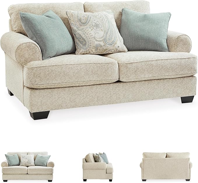 Signature Design by Ashley Monaghan Vintage Loveseat with Accent Pillows Reversible Cushions and Rolled Arms Beige