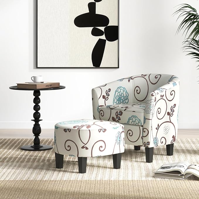 Giantex Small Accent Chair with Ottoman Set Upholstered Barrel Chair with Footrest Modern Accent Armchair with Ottoman Round Club Chair for Living Room Small Space Bedroom (Blue Flower)
