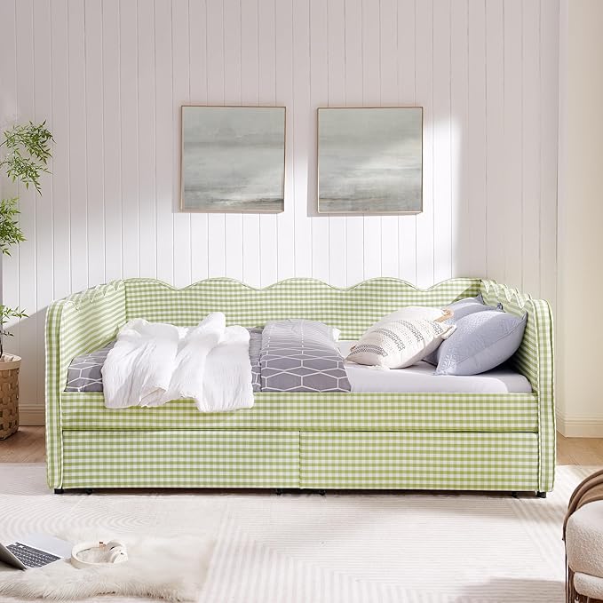 Cozy Gingham Daybed with 2 Drawers Queen Size Sofa Bed No Box Spring Needed with USB Port and Adorable Wave Shaped Linen Fabric Navy (Green+Queen+2 Drawers)