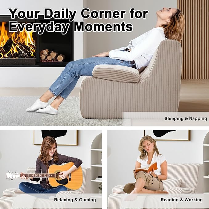Boneless Chair for Small SpaceCorduroy Cloud Chair Foam Couch with Wide ArmrestFluffy Comfy Reading Single Sofa Chairs for Living Room Bedroom Apartment (Beige)