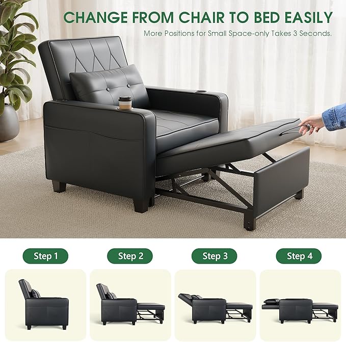 AILEEKISS 3 in 1 Convertible Sleeper Chair Bed Pull Out Sofa Chair Bed with Cup HoldersUSB &amp Type C PortsSide Pockets Linen Fabric Sleeper Single Sofa Couch for LivingroomApartmentOffice (Blac