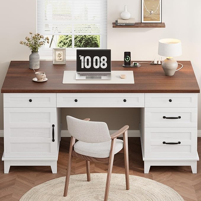 60 Executive Desk with Power Outlet Home Office Desk with Drawers Wooden Work Desk with File Cabinet Computer Desk for Work Study Writing White and Brown