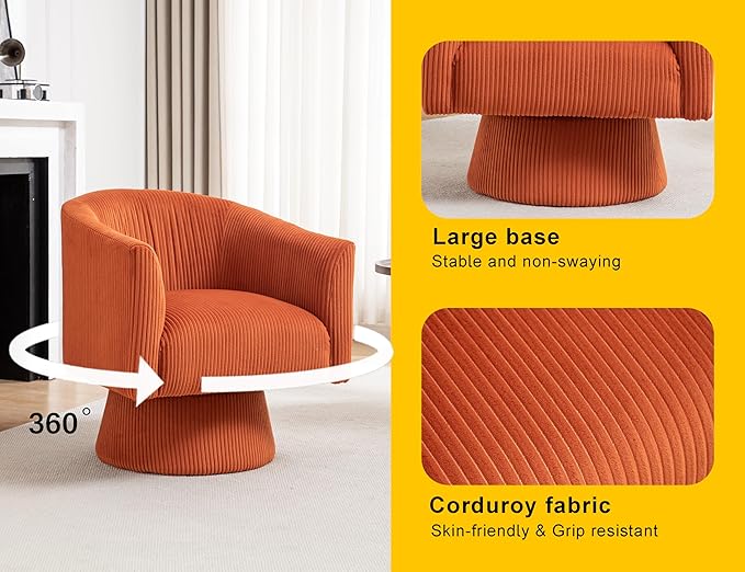 Swivel Accent Chair Modern 360° Barrel Chair Corduroy Upholstered Single Sofa for Living Room Bedroom(Orange)