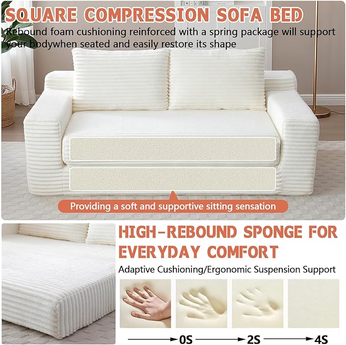 73 Boneless Loveseat Couch 2 in 1 Pull Out Sleeper Sofa with Side Pockets &amp 2 Pillows Folding Convertible Corduroy Floor Couch for Apartment Living Room Bedroom No Assembly(Beige)