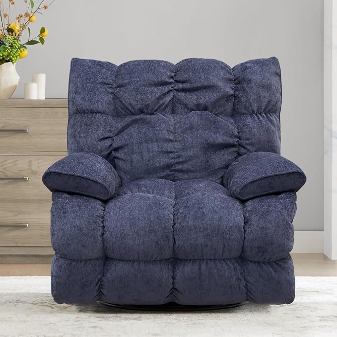Dozzy Oversized Rocker Recliner ChairOverstuffed Rocking Chair with Breathable Velvety Fabric Soft Padded Headrest and Armrest Manual Recliner Extra Large Living Room Chair Up to 350 LBS (Blue)