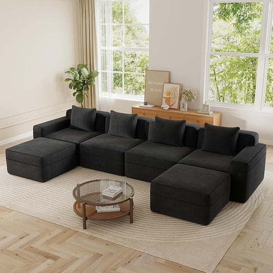 Modular Sectional Cloud Couch 153.5'' Boneless Couch Sofa with Deep Seat Corduroy Modern Sofa for Living Room No Assembly U-Shaped Black
