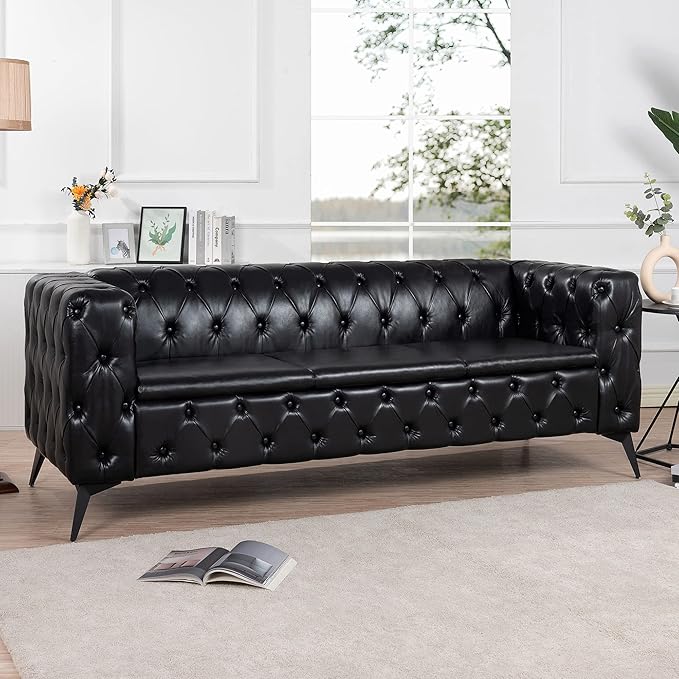 84.06 Upholstered Chesterfield Couch Modern 3 Seater Sofa with Tufted Back and Square Arms Wood Leg Nailhead Sofa for Living Room/Office/Apartment/Small Space Black