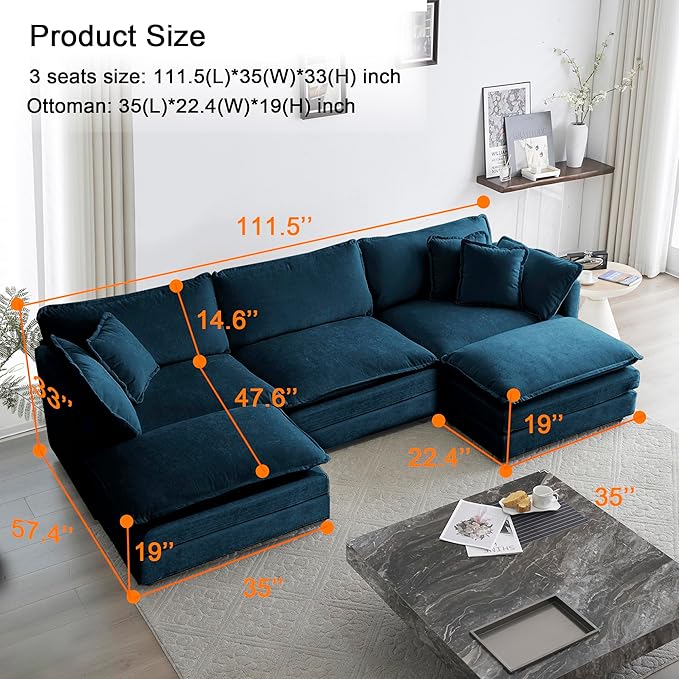 Modular Sectional Sofa 111.5 U Shaped Sectional Couch 5 Seater Comfy Cloud with Movable Ottoman for Living RoomBlue