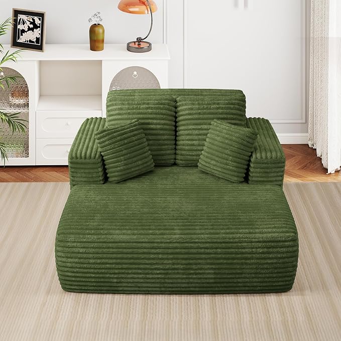 56 Oversized Chaise Lounge Chair IndoorPlush Corduroy Sleeper Sofa Couch Bed with Pillows&ampWide ArmrestsFluffy Comfy Cloud CouchCompression Foam Couch for Living RoomBedroom(Green)